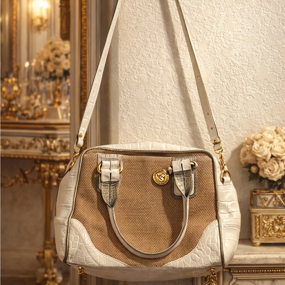 Brahmin‎ Harbor Doctor Bag Purse Natural Burlap W/ Woven & Finished Leather 11x9